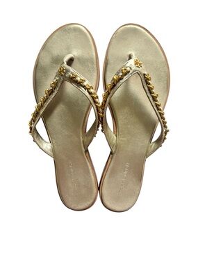 Tory Burch Gold Everly Sandals with Metallic Gold Chain-Detail Size 7